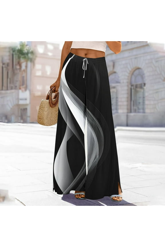 Fashion Womens Printed Elastic Waist Casual Pants with Pockets and Drawstring Summer Loose Wide-Leg Slits Pants