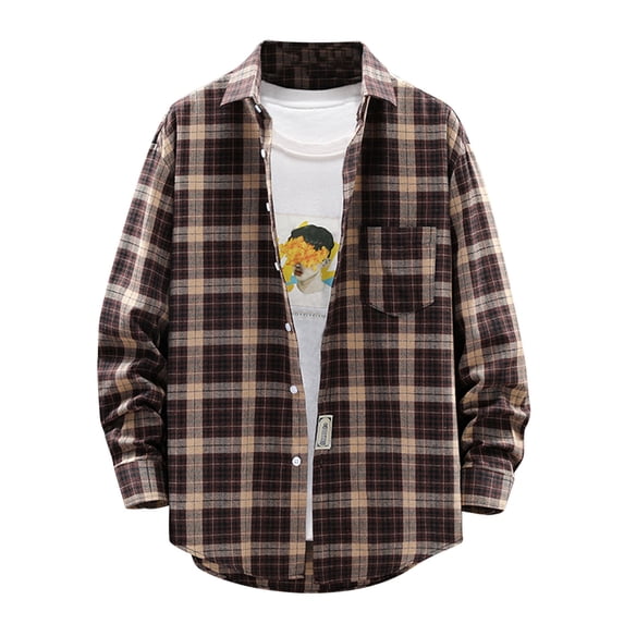 Aimik Hanes Flannels for Men Lightweight Plaid Shirt Fall Long Sleeve Shirts Casual Button Down Collar Dress Shirt Loose Shirts-Brown XL