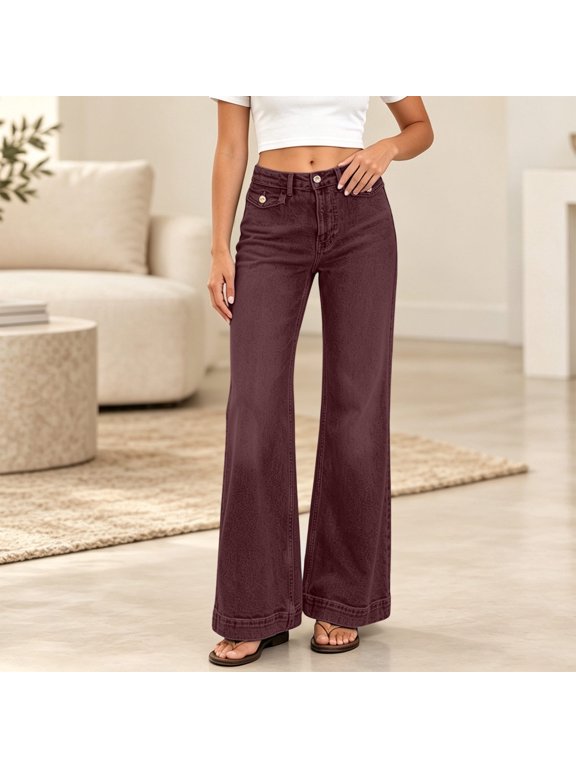 Flare Jeans for Women High Waisted Cuffed Hem Bell Bottom Denim Pants Spring Fall Loose Fit Jeans