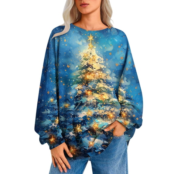 Aimik Hanes Christmas Shirts for Women Casual Pullover Tops Fashion Print Long Sleeve Crew Neck Basic Tee Shirts Fall Loose Light Weight Sweatshirts-Multicolor L