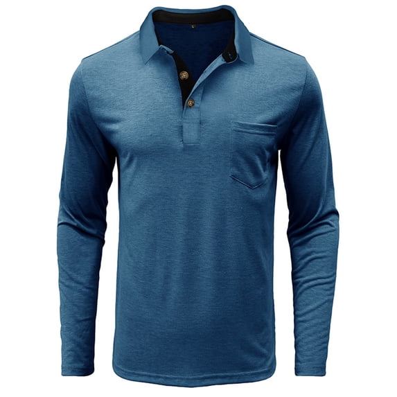 Aimik Hanes Men Fall Winter Polo Shirts Long Sleeved Flip Collar Tops Pocket Button V Neck T Shirts Golf Casual Sports Tops-Blue XXXL