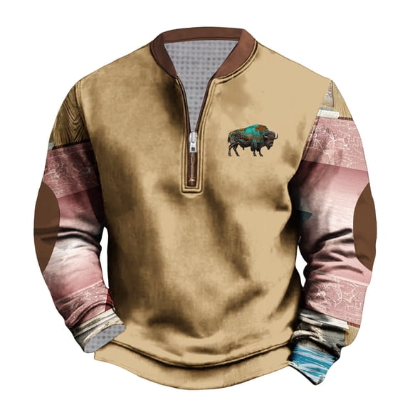 Aimik Hanes Men's Fuzzy Fleece Pullover Sweatshirt Aztec Print Button up Warm Sweater Jumper Tops for Men-Khaki XXXXXL