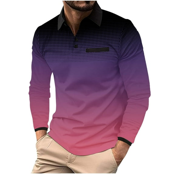 Aimik Hanes Men's Long Sleeve Polo Shirts Fashion Color Block Golf Polo Shirts Casual Button Collar Tennis Shirt Tops-Hot Pink S