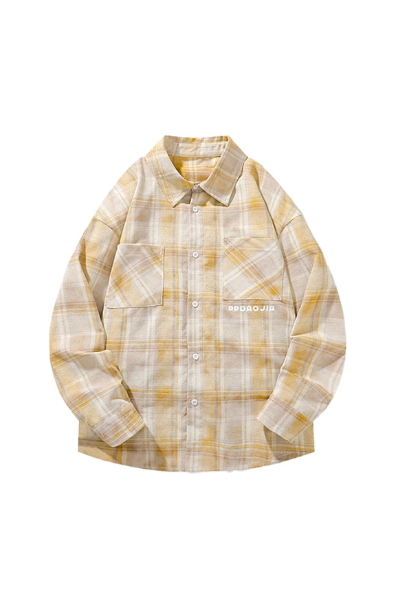 Hanes Men's Oversized Plaid Shirts Casual Lapel Button Up Top with Chest Pocket Long Sleeve Cardigan Fall Loose Shirt Jacket-Yellow M