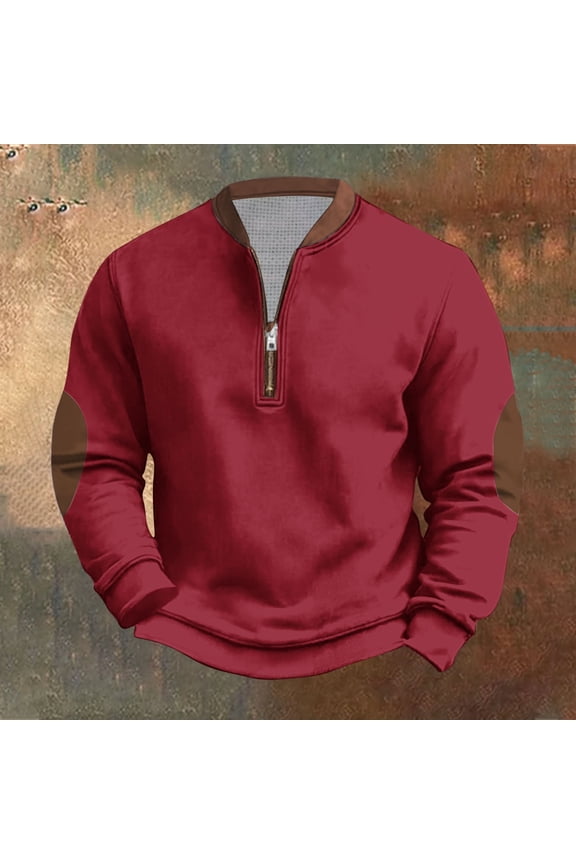 Hanes Mens Corduroy Shirt Lapel Collar Button Up Pullover Mock Neck Long Sleeve Sweaters Polo Sweatshirts with Elbow Patches-Red S