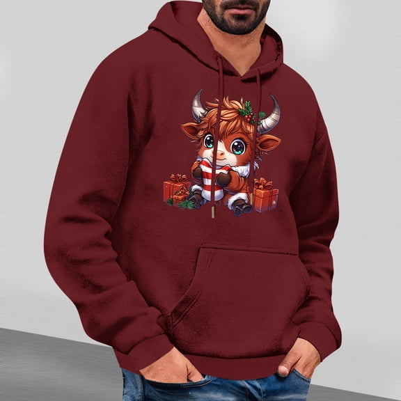 Aimik Hanes Mens Ugly Christmas Hoodie Vintage Long Sleeve Hoodie Trendy Reindeer Cute Calf Print Pullover Classic Sweatshirt Sweaters Hoodies