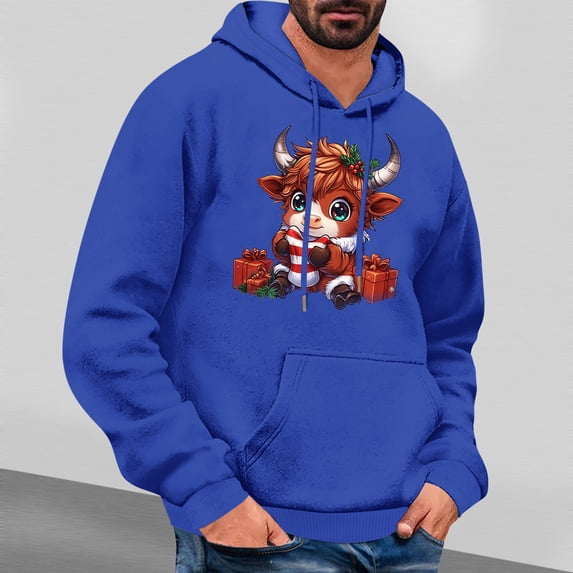 Aimik Hanes Mens Ugly Christmas Hoodie Vintage Long Sleeve Hoodie Trendy Reindeer Cute Calf Print Pullover Classic Sweatshirt Sweaters Hoodies