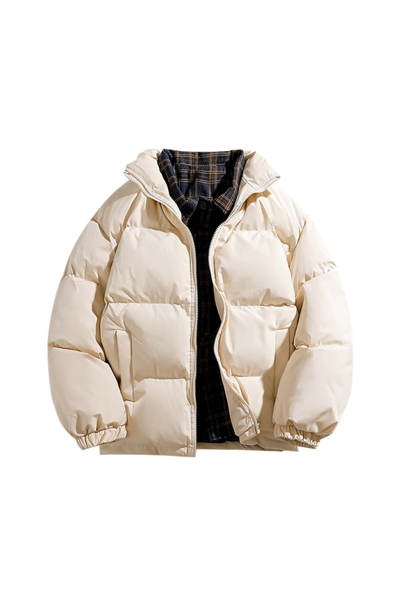 Hanes Up to 65% off Clearance Puffer Jacket for Men Solid Color Zipper Button Gingham Patchwork Fake Two Winter Warm Padded Jacket Long Sleeve Padded Jacket-Khaki L