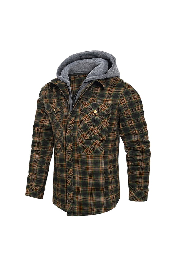 Hanes Up to 65% off Clearance Men's Hooded Coat Casual Thicken Plaid Work Flannel Snap Sherpa Lined Fleece Shirt Jacket-Army Green M