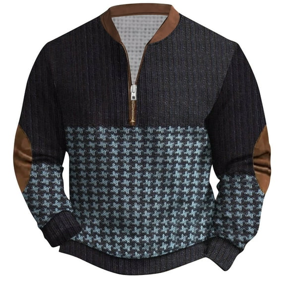 Aimik Hanes Whitecloths Life Clothing Men Quarter Zip Pullover Sweatshirt Winter Vintage Knit Print Zip-up Sweatshirt Tops-Blue XXXL