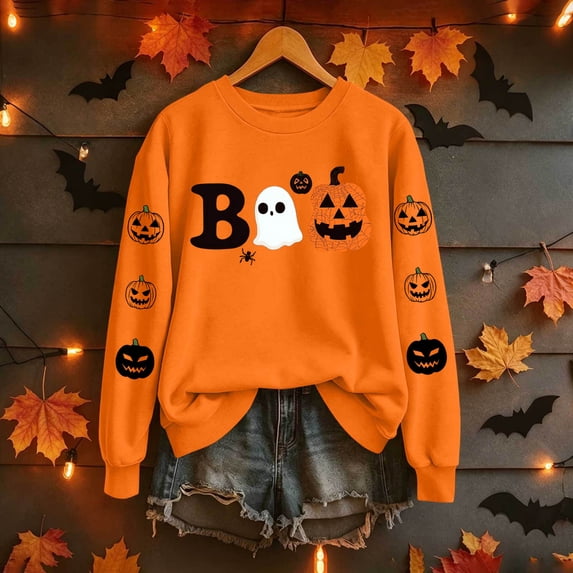Aimik Halloween Sweatshirt Women Ghost Pumpkin Letter Print Fall Winter Long Sleeve Crewneck Pullover Top