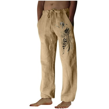 Aimik Hanes 2024 Clearance Sale Mens Casual Linen Pants Loose Fit Lightweight Elastic Waist Summer Fall Trouser with Pocket Print Wide Leg Lounge Pants Yoga Pants Beach Pants-Khaki L