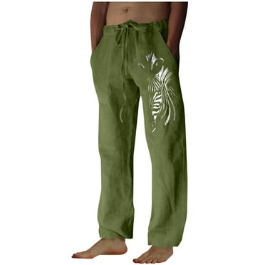 Aimik Hanes 2024 Clearance Sale Mens Casual Linen Pants Loose Fit Lightweight Elastic Waist Summer Fall Trouser with Pocket Print Wide Leg Lounge Pants Yoga Pants Beach Pants-Army Green S