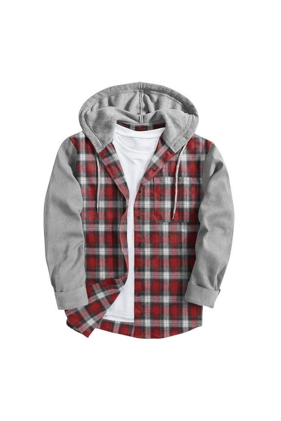 Hanes 2025 Clearance Sale Mens Plaid Flannel Jacket with Hood,Fuzzy Sherpa Fleece Lined Zip Up Flannel Shirt Jackets-Red XXXL