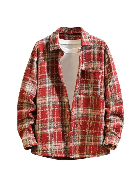 Hanes Up to 65% off clearance Men Casual Sherpa Fleece Lined Plaid Flannel Shirts Jackets Heavyweight Thermal Button Up Winter Work Coat Outwear-Wine XL