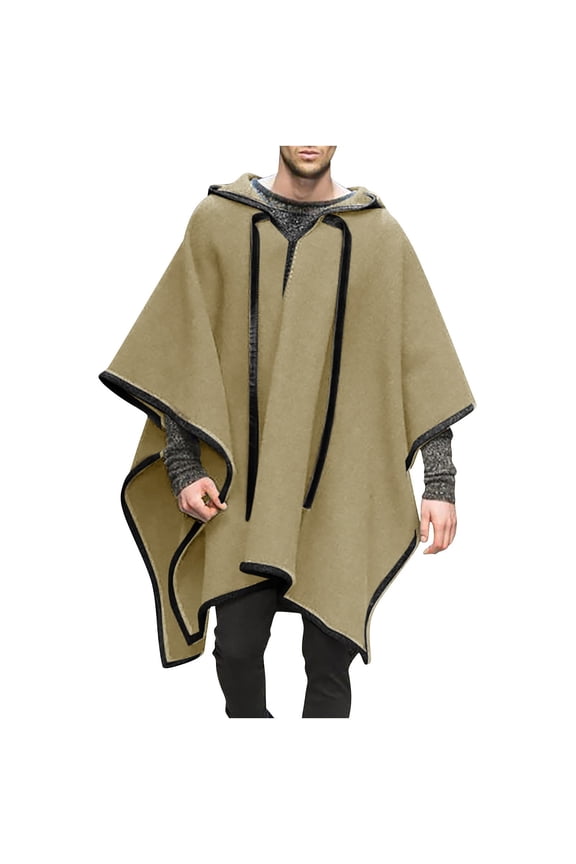Alpaca Poncho for Mens Pancho Mexican Hooded Cowboy and Western Ponchos Adult Blanket Vintage Hoodie Pullover Coat-Khaki S