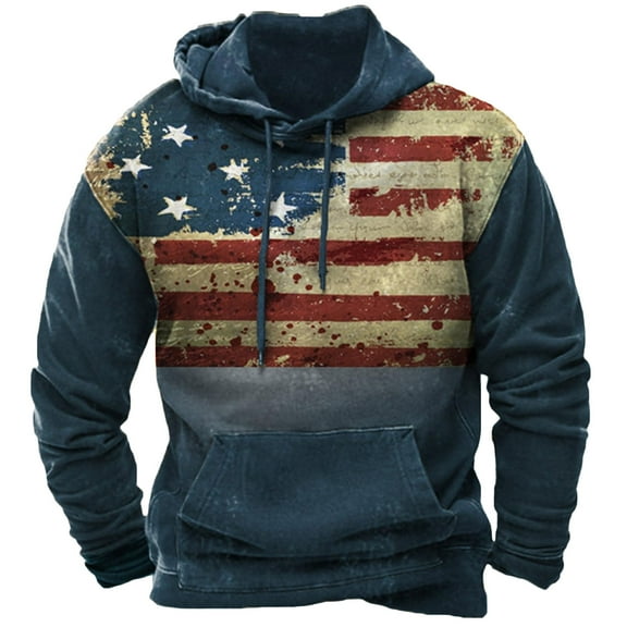 Aimik Hanes American Flag Hoodies for Men Usa Graphic Hooded Sweatshirts Drawstring Western Ethnic Boys Pullover Tops-Blue XL