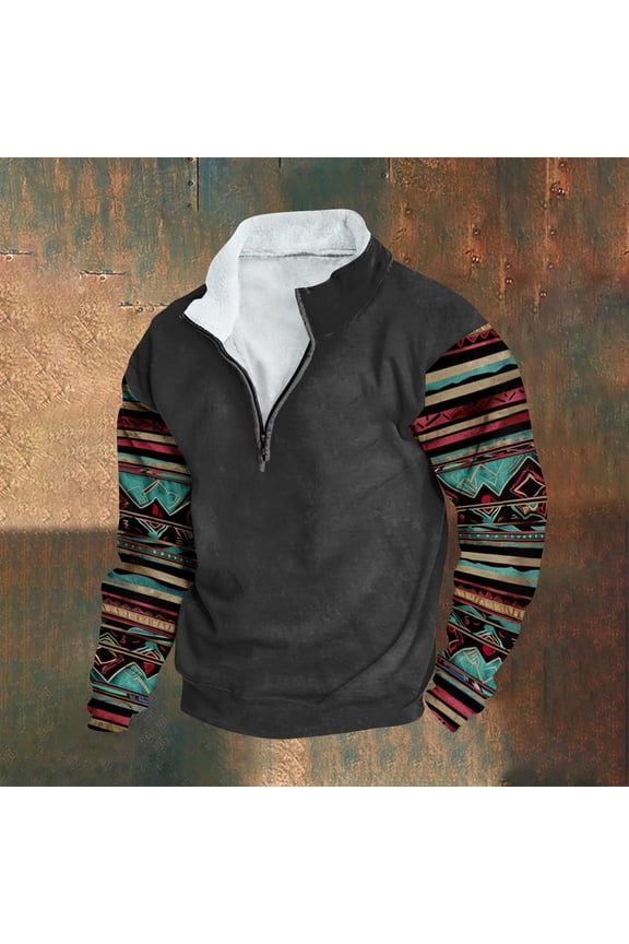 Aztec Cowboy Mens Hoodie Vintage Graphic Western Hoodies Casual Long Sleeve Quarter Zip Pullover Mens Country Jacket-Black L