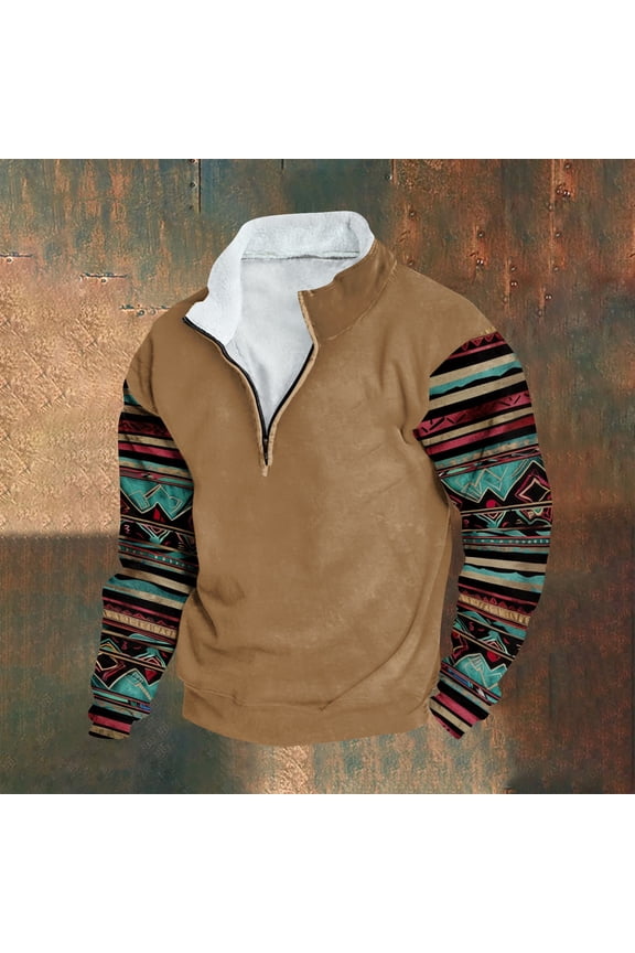 Aztec Cowboy Mens Hoodie Vintage Graphic Western Hoodies Casual Long Sleeve Quarter Zip Pullover Mens Country Jacket-Khaki XL