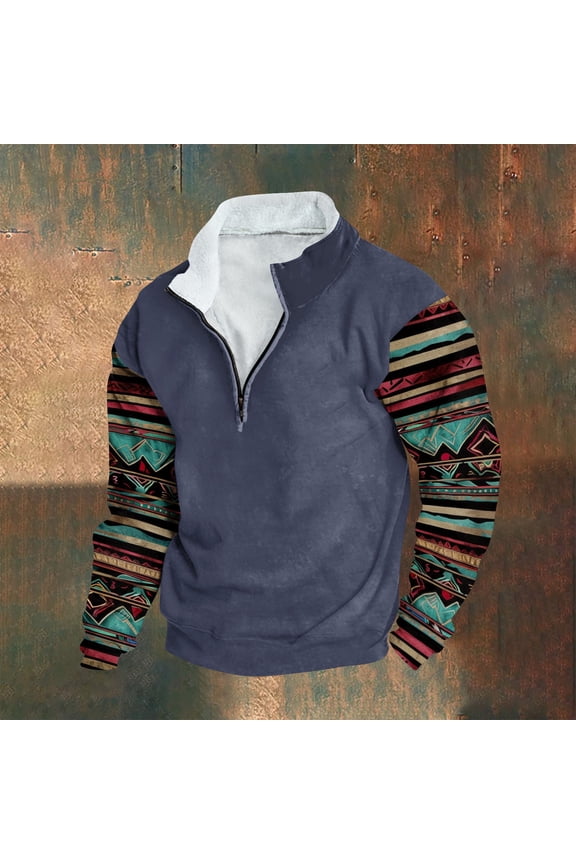 Aztec Cowboy Mens Hoodie Vintage Graphic Western Hoodies Casual Long Sleeve Quarter Zip Pullover Mens Country Jacket-Navy XXXXL