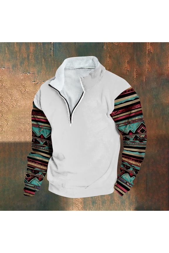 Aztec Cowboy Mens Hoodie Vintage Graphic Western Hoodies Casual Long Sleeve Quarter Zip Pullover Mens Country Jacket-White S