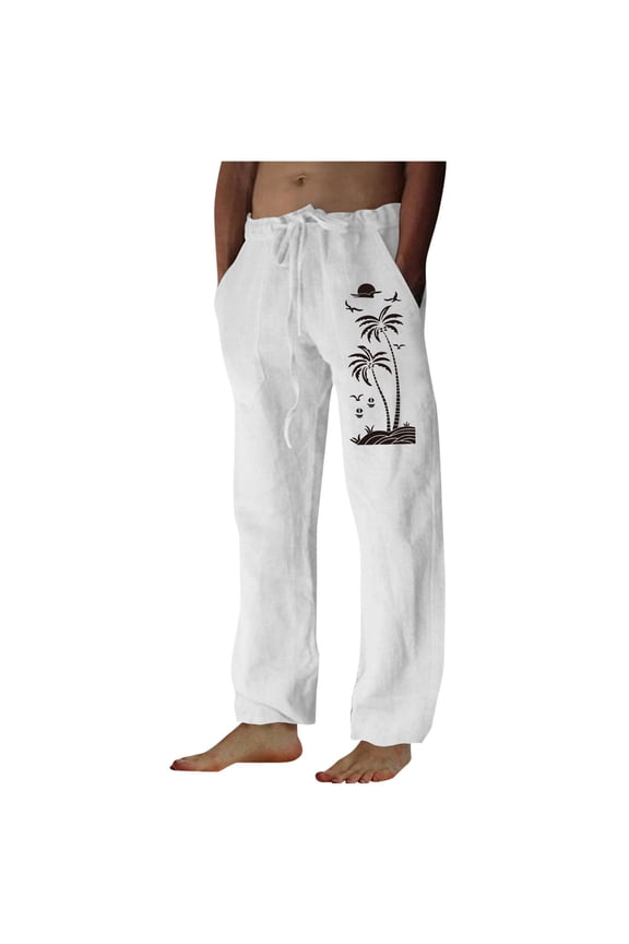 Hanes Mens Casual Linen Pants Loose Fit Lightweight Elastic Waist Summer Fall Trouser with Pocket Print Wide Leg Lounge Pants Yoga Pants Beach Pants-White S