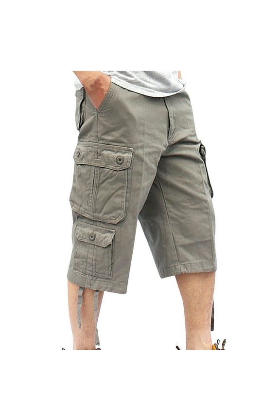 Hanes Cargo Work Shorts Men's 3/4 Capri Shorts Below Knee Cotton Casual Long Inseam Shorts Big and Tall Men Sports Pants with Multi Pockets Green 34