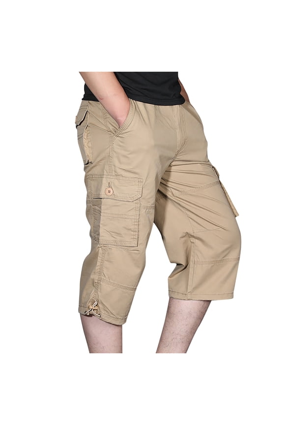 Hanes Cargo Work Shorts Men's 3/4 Capri Shorts Below Knee Cotton Casual Long Inseam Shorts Big and Tall Men Sports Pants with Multi Pockets Khaki M
