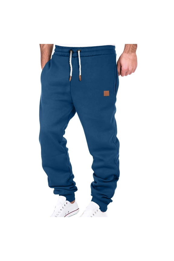 Mens Drawstring Running Joggers Elastic Waist Sweats Pants Cuffed Bottom Workout Sweatpants with Pockets-Navy M