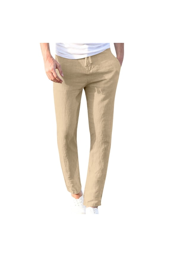 Hanes Cotton Linen Pants for Men Big and Tall Slim-Fit Stretch Golf Pant Dressy Casual Business Work Dress Pants Lightweight Comfy Trousers with Pockets Khaki M