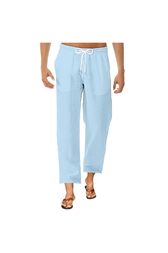 Hanes Cotton Linen Yoga Pants for Men Big and Tall Casual Solid Plus Size Pocket Trousers Lightweight Drawstring Pant Sweatpants Blue XXL