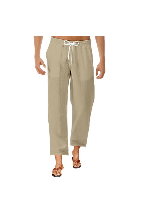 Hanes Cotton Linen Yoga Pants for Men Big and Tall Casual Solid Plus Size Pocket Trousers Lightweight Drawstring Pant Sweatpants Khaki XXL