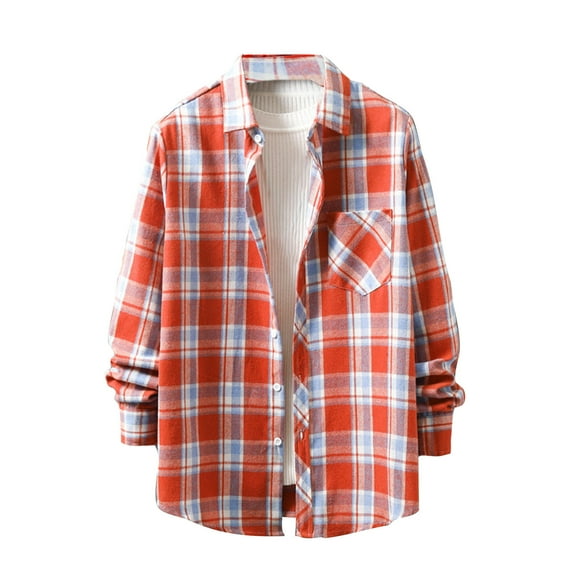 Aimik Hanes Cotton Plaid Shirts for Men Long Sleeve Snap Button Down Shirts Regular Fit Big and Tall Casual Shirts with Pockets-Orange XL