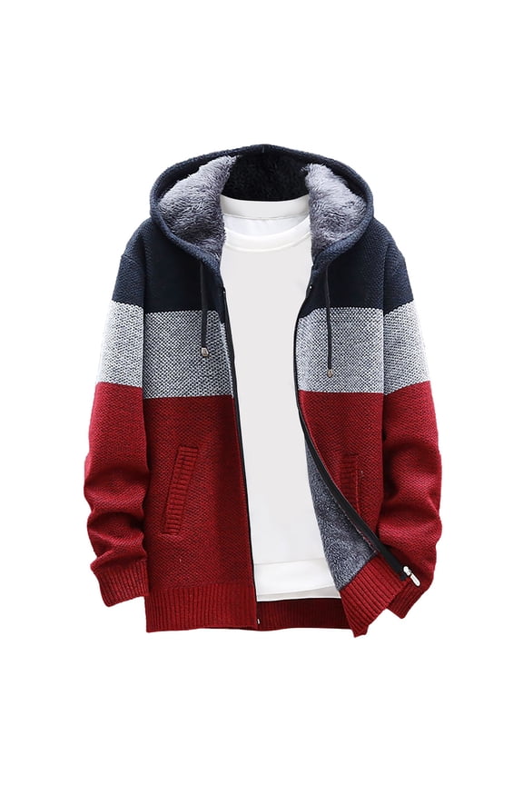 Hanes Flannel Jackets for Men Men's Fall and Winter Casual Sweater Jacket Warm Knit Sweater Hooded Hoodie Jackets-Wine M