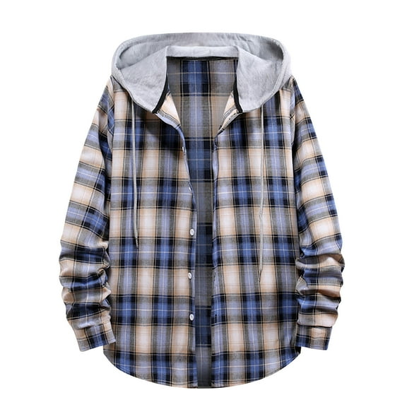Aimik Hanes Flannel Shirt for Men Button Down Plaid Hoodies Casual Long Sleeve Lightweight Regular Jackets with Hood Fall Shacket-Blue S