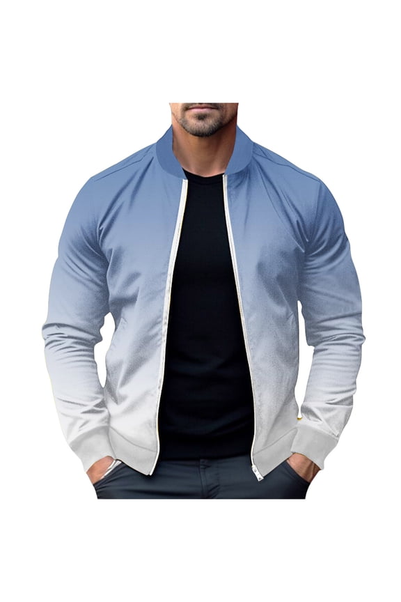 Hanes Gradient Zip Long Sleeve Bomber Jacket for Men Casual Fashion Lightweight Stretch Hoodless Softshell Coat Outwear-Blue S