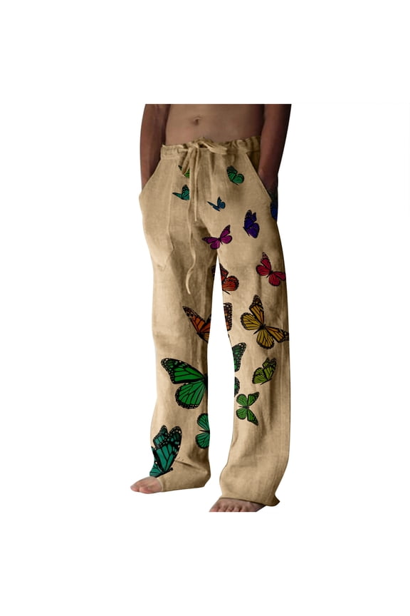 Hanes Graphic Sweatpants for Men Big and Tall Men's Casual Boho Butterfly Print Cotton Linen Pants Elastic Waisted Drawstring Summer Beach Baggy Trousers with Pockets Beige XXL