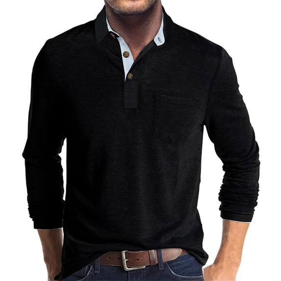 Aimik Hanes Mature Man Polo Shirt Men's Casual Polo Shirts Classic Button Basic Long Sleeve Shirt Solid Color Cotton Tees Stylish Tops Black L