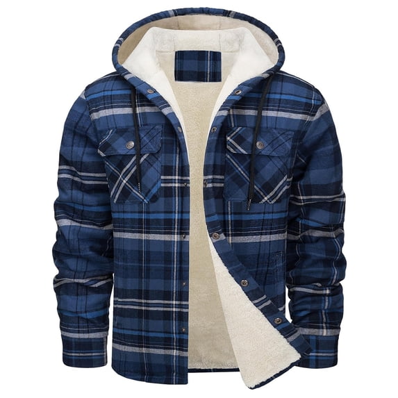 Aimik Hanes Men's Button Down Plaid Hoodies Heavyweight Flannel Lined Fleece Warm Sherpa Sweatshirts Soft Jacket for Men-Navy S