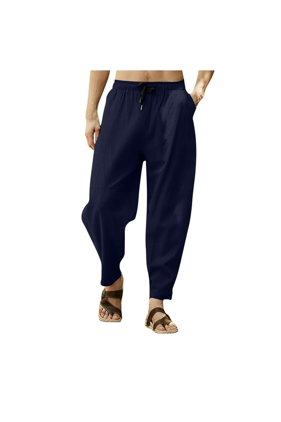 Hanes Men's Casual Cropped Pants Chinese Style Kung Fu Pants Tai Chi Loose Trousers Linen Casual Retro Wide Leg Drawstring Hip-Hop Lantern Leggings Long Pants Dark Blue XXL