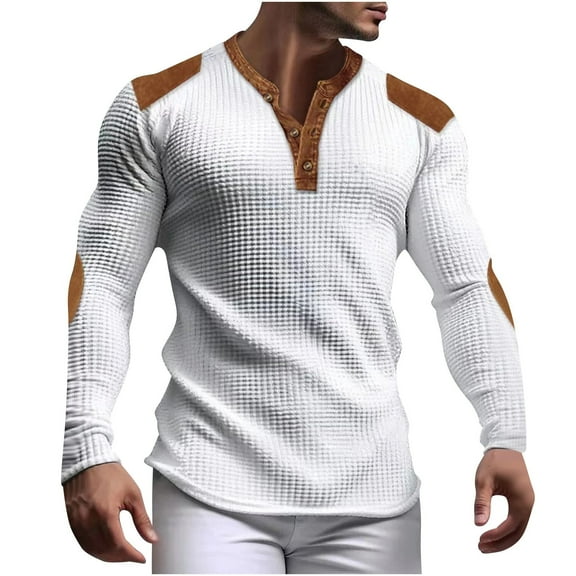 Aimik Hanes Men's Casual Henley Shirts Classic Button Cotton Long Sleeve T-Shirt Autumn and Winter Basic Solid Lightweight Tees Tops White XXXL