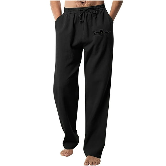 Aimik Hanes Men's Casual Linen Pants Drawstring Elastic Waist Summer Yoga Beach Pants Lightweight Loose Trousers-Black XXXL