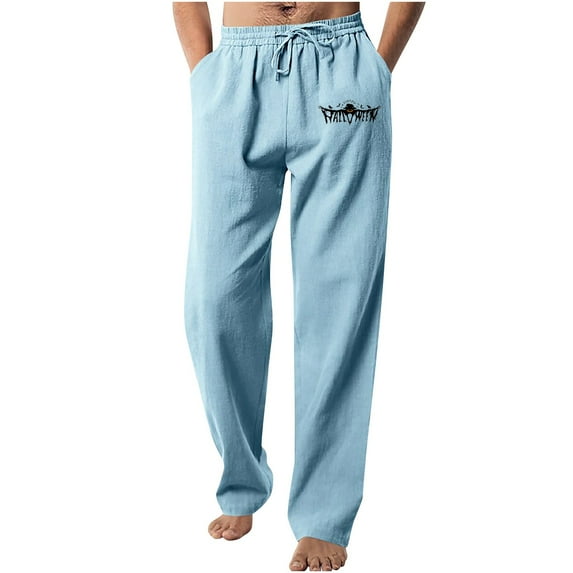 Aimik Hanes Men's Casual Linen Pants Drawstring Elastic Waist Summer Yoga Beach Pants Lightweight Loose Trousers-Light Blue XL