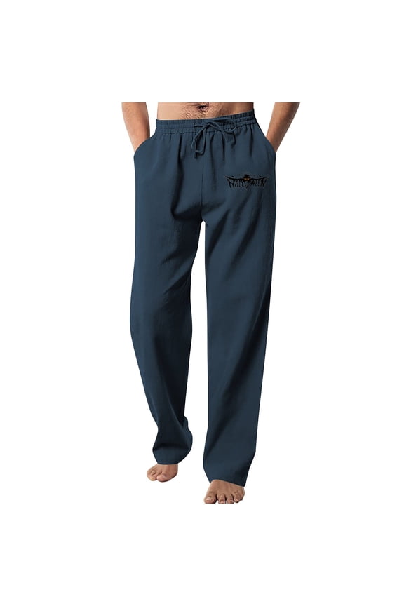 Men's Casual Linen Pants Drawstring Elastic Waist Summer Yoga Beach Pants Lightweight Loose Trousers-Navy XL
