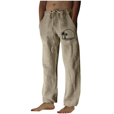 Aimik Hanes Men's Cotton Linen Pants Casual Elastic Waist Drawstring Pants Straight Leg Yoga Pants Lightweight Summer Beach Pants-Beige XXL