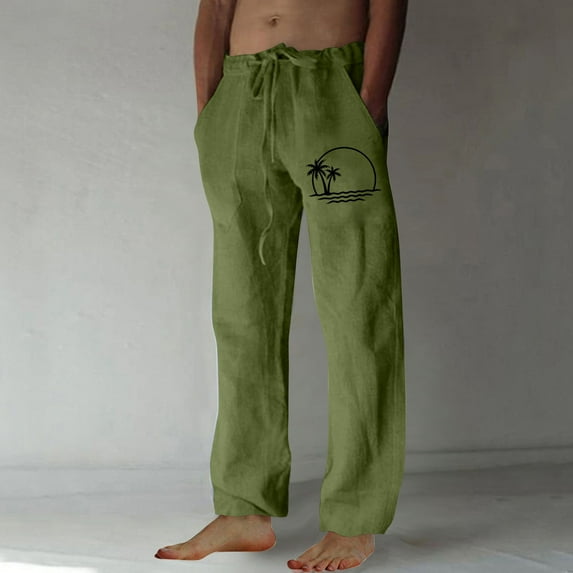 Aimik Hanes Men's Cotton Linen Pants Casual Elastic Waist Drawstring Pants Straight Leg Yoga Pants Lightweight Summer Beach Pants-Green XL