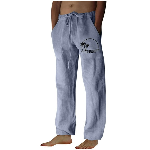 Aimik Hanes Men's Cotton Linen Pants Casual Elastic Waist Drawstring Pants Straight Leg Yoga Pants Lightweight Summer Beach Pants-Light Blue XXL