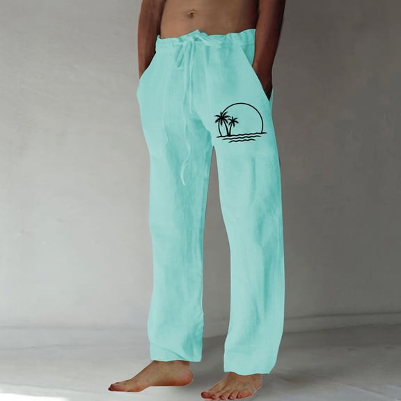 Aimik Hanes Men's Cotton Linen Pants Casual Elastic Waist Drawstring Pants Straight Leg Yoga Pants Lightweight Summer Beach Pants-Mint Green S