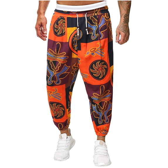 Aimik Men's Drawstring Aladdin Hippie Harem Pants Loose Drop Crotch Trousers Cotton Linen Hip Hop Pants Haren Pants Orange XXXL