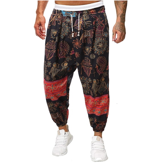 Aimik Hanes Men's Drawstring Aladdin Hippie Harem Pants Loose Drop Crotch Trousers Cotton Linen Hip Hop Pants Haren Pants Red M